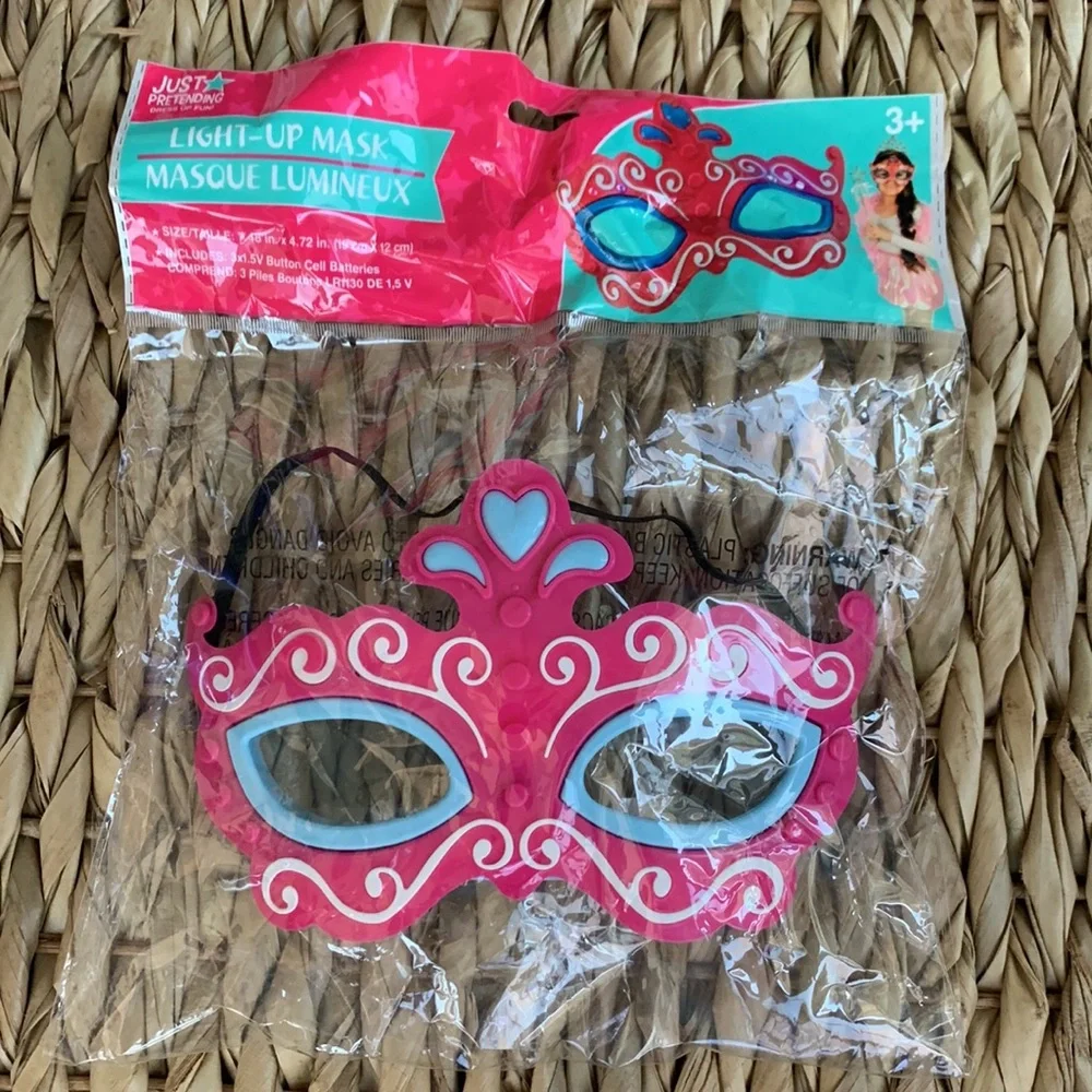 Pink Just Pretending Light Up Face Mask Mardi Gras Masquerade Costume New
